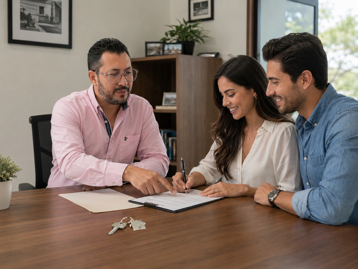 Asesor inmobiliario explicando crédito Infonavit a pareja en Guadalajara